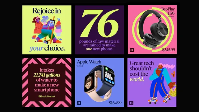Back Market square post grid mixing stats, product and illustration, illustrated, flat, vibrant