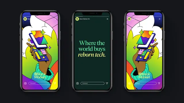 Back Market story screens on three phone mockups, illustrated, dark-mode, dark