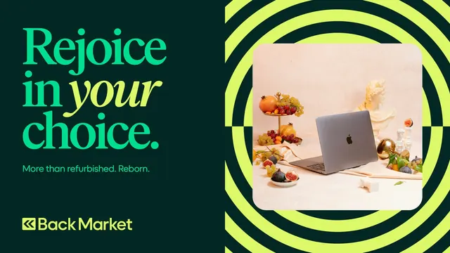 Back Market "Rejoice in your choice" key visual, editorial, geometric, dark