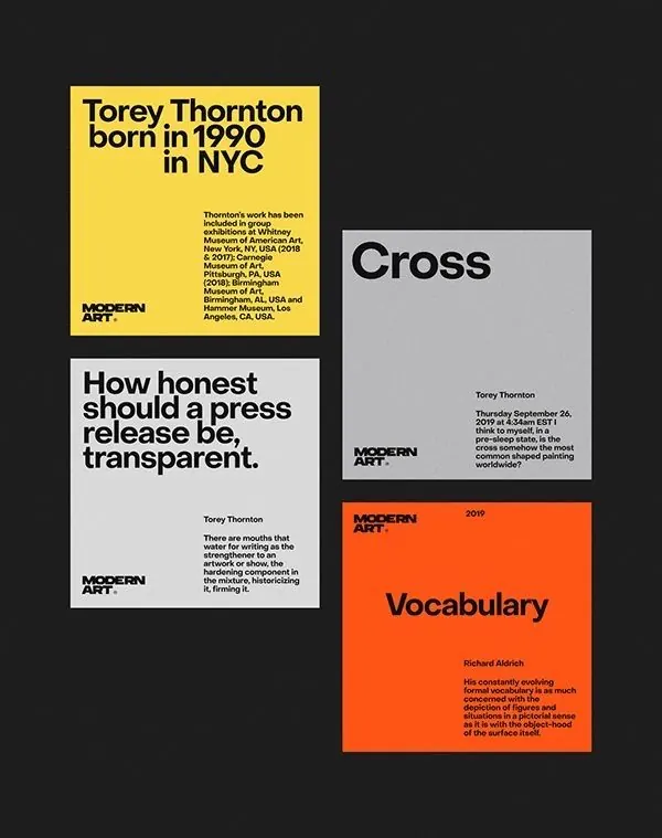 Modern Art exhibition type specimen and essays, minimal, editorial, dark