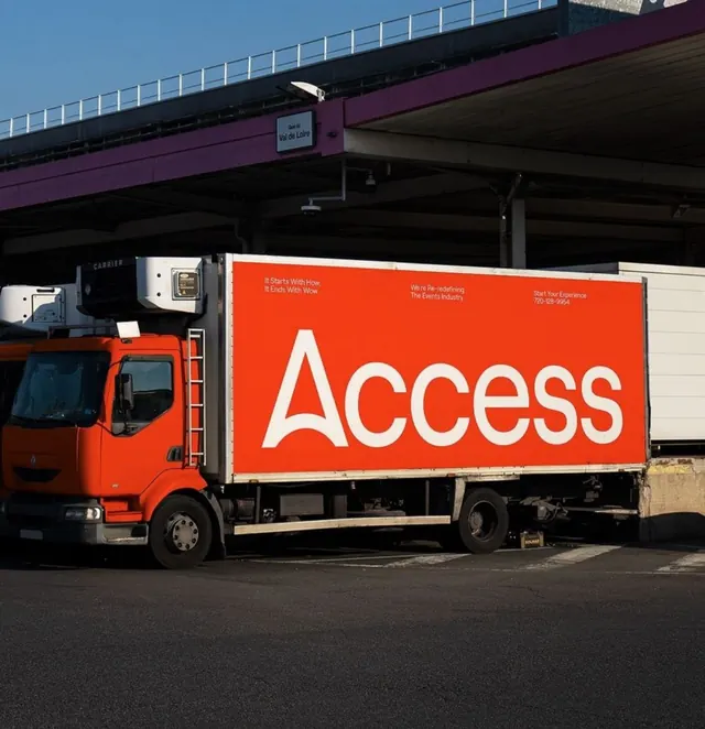 Access truck livery: high-contrast transportation branding, corporate-clean, flat, vibrant