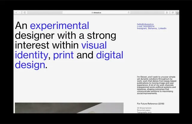 Designer portfolio website header, minimal, editorial, light