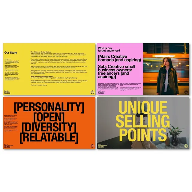 Contemporary agency brand guidelines with color-blocked panels, editorial, minimal, warm