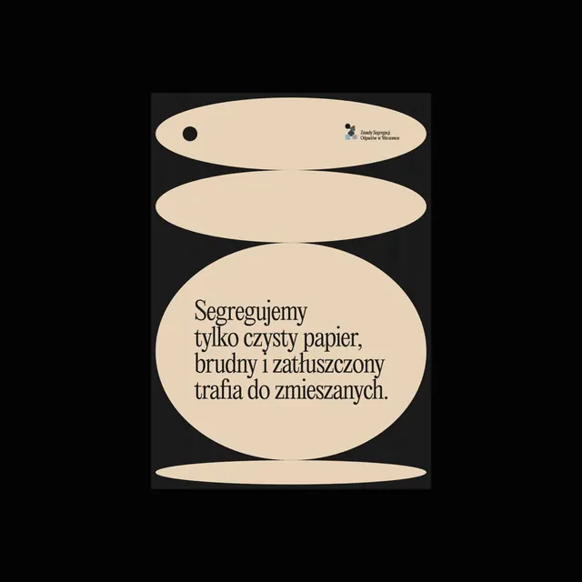 Polish waste-sorting poster with stacked ellipses, minimal, geometric, dark