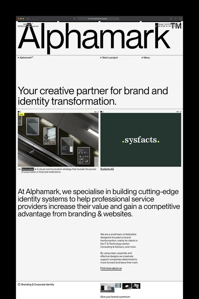 Alphamark branding agency identity, minimal, swiss, light