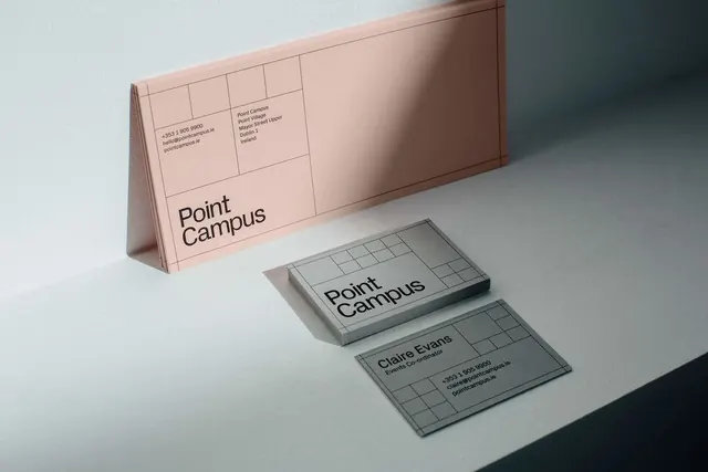 Point Campus identity system: typographic grid-based stationery, minimal, corporate-clean, light