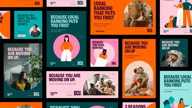 BCU Bank "Because you" campaign asset grid, flat, illustrated, vibrant
