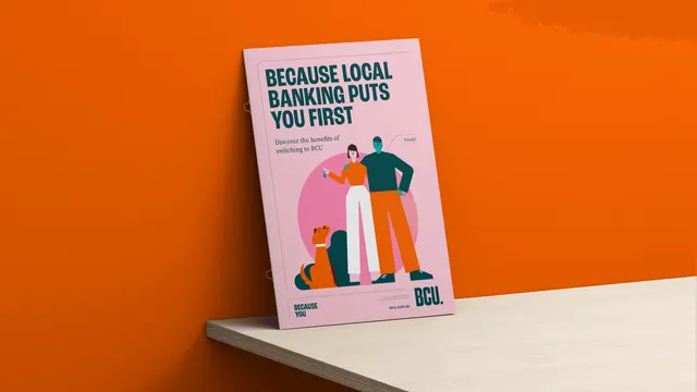 BCU Bank pink brochure cover on orange, flat, illustrated, vibrant