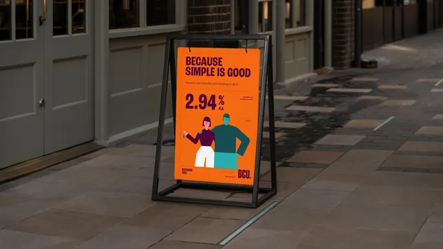 BCU Bank A-frame street sign in orange, flat, illustrated, vibrant