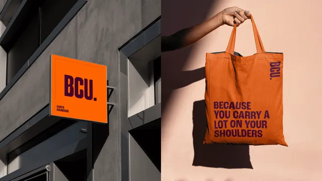 BCU Bank blade sign and tote bag pairing, minimal, photographic, vibrant