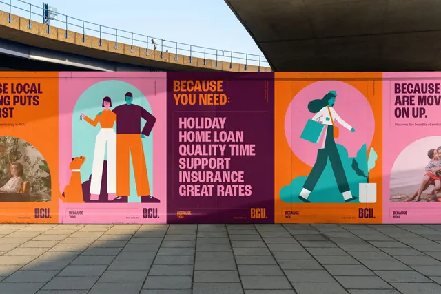 BCU Bank poster hoarding under an overpass, flat, illustrated, vibrant