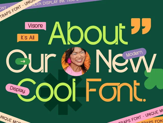 Layered type specimen with portrait, playful, geometric, dark