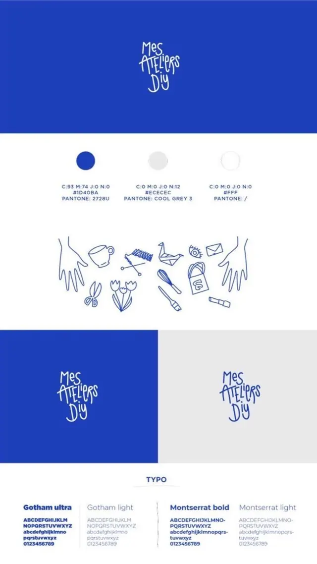 Mes Ateliers DIY brand identity system, minimal, line-art, dark