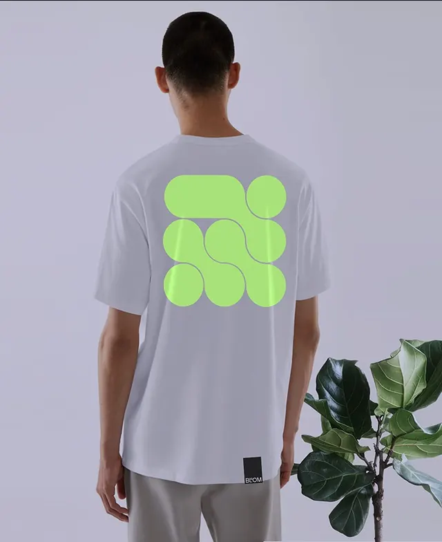 Bloom neon green shape monogram on a t-shirt, minimal, geometric, pastel