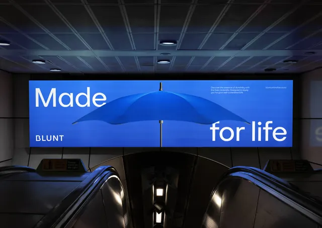 Blunt "Made for life" backlit subway billboard, minimal, photographic, vibrant