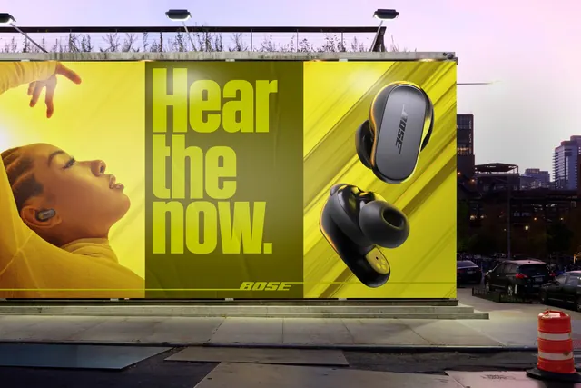 Bose "Hear the now." three-panel yellow billboard, editorial, typographic, vibrant