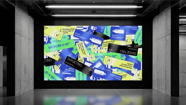 Breaking label collage on a gallery screen, maximalist, geometric, vibrant