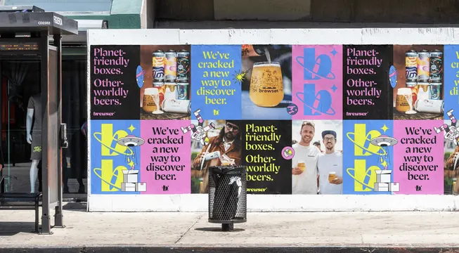Brewser wheatpaste poster wall in alternating colour blocks, maximalist, typographic, vibrant