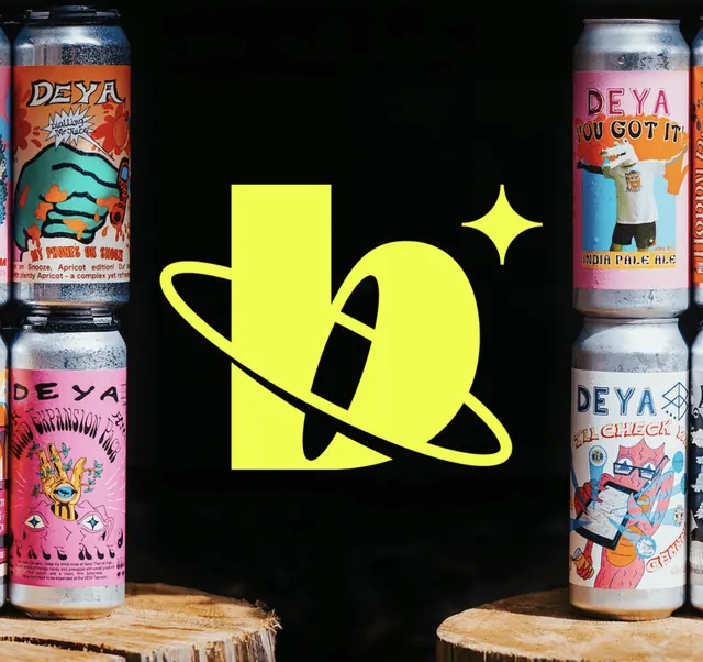 Brewser orbiting b monogram over a darkened can lineup, geometric, minimal, dark