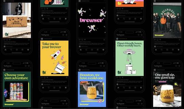 Brewser social post templates across a staggered phone grid, flat, playful, dark