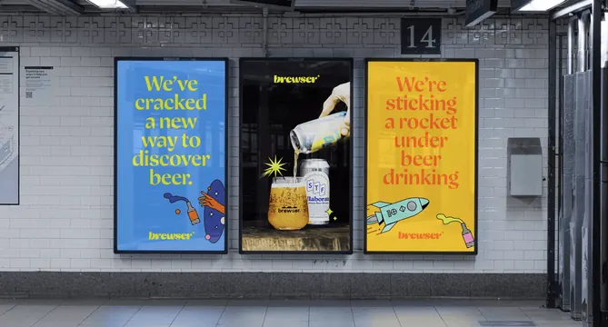 Brewser transit poster triptych on a tiled station wall, typographic, illustrated, vibrant