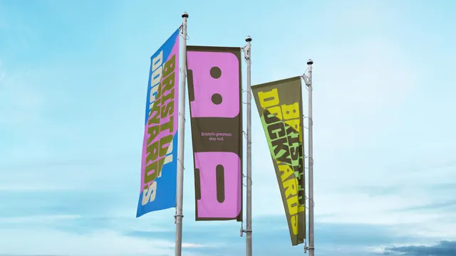 Bristol Dockyards flags with warped condensed lettering, typographic, geometric, vibrant