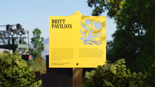 Britt Pavilion yellow interpretive sign, photographic, editorial, vibrant