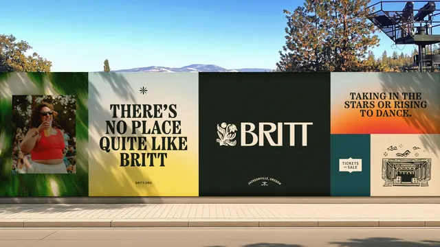 Britt festival hoarding panel system, editorial, typographic, high-contrast