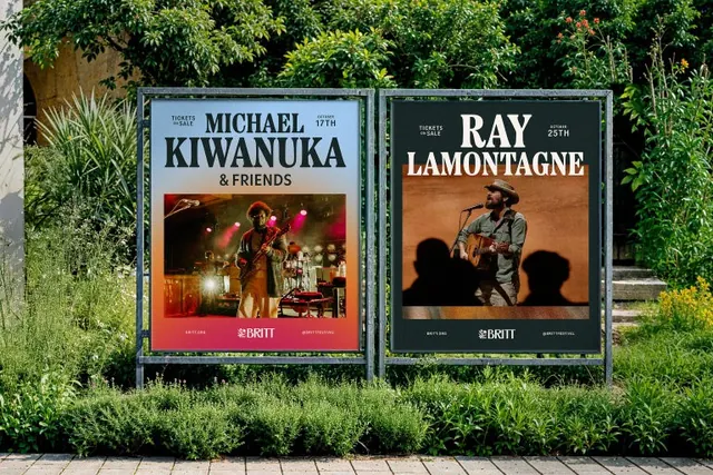 Britt artist posters in garden lightboxes, photographic, editorial, warm