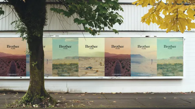 Brother Films poster run pasted on a street wall, photographic, editorial, muted