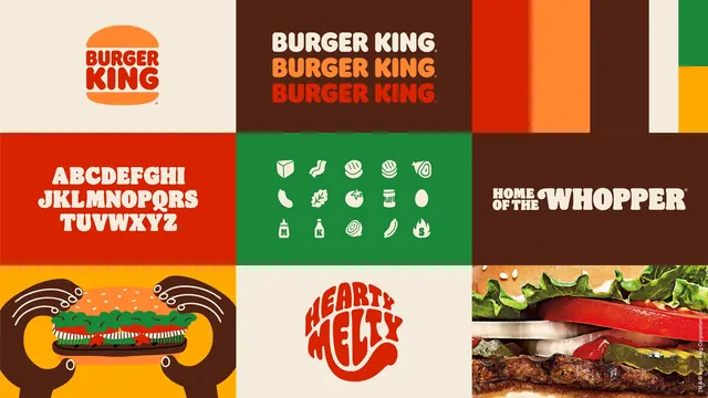 Burger King identity overview grid, flat, retro, warm