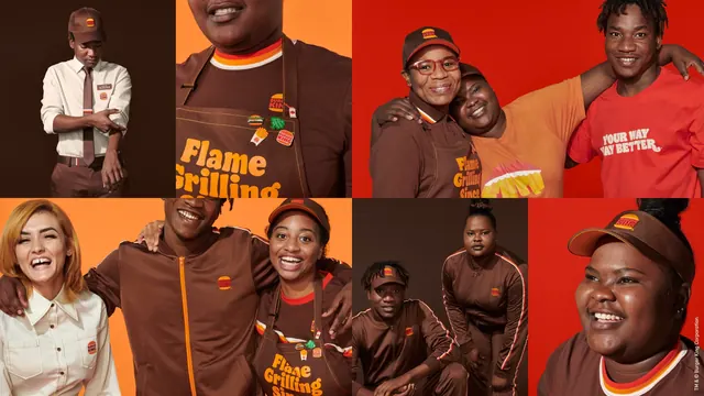 Burger King crew portrait grid, photographic, retro, warm