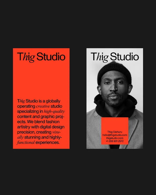 Thig Studio: Black-and-orange modular branding, minimal, corporate-clean, dark