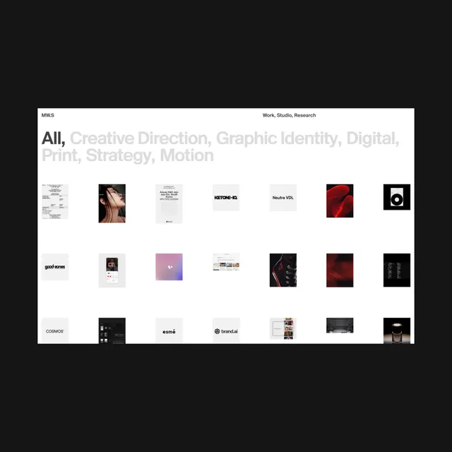 MWS creative studio portfolio grid, minimal, corporate-clean, dark
