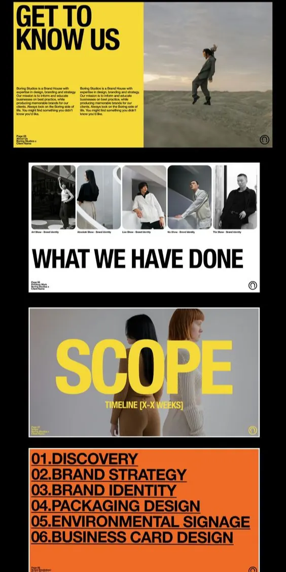 Three-section editorial portfolio layout in black, yellow, and orange, editorial, corporate-clean, dark