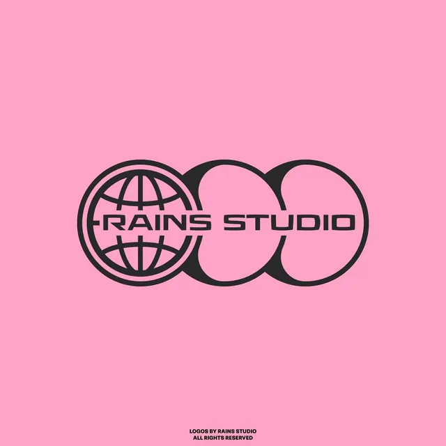 Rains Studio geometric logo with globe and circles, geometric, line-art, dark