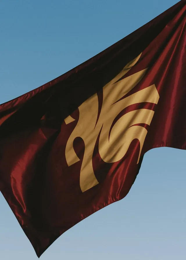 Heraldic gold emblem on burgundy silk flag against blue sky, abstract, luxury, warm