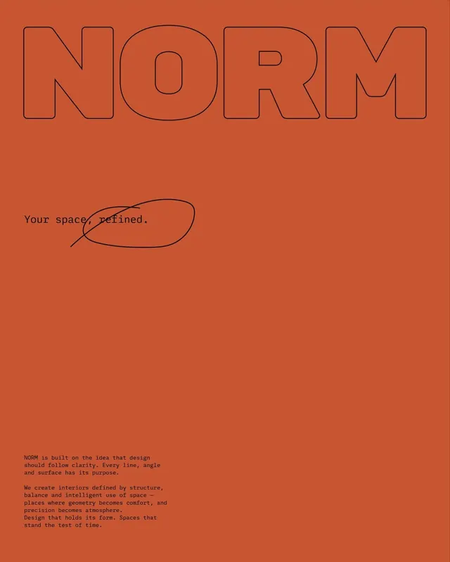 NORM interior design branding with tagline and philosophy, minimal, corporate-clean, warm