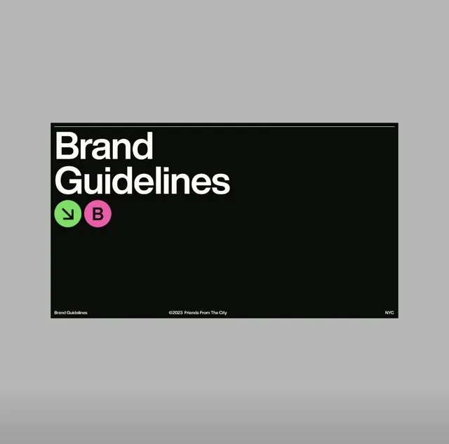 Friends From The City brand guidelines document spread, minimal, corporate-clean, dark