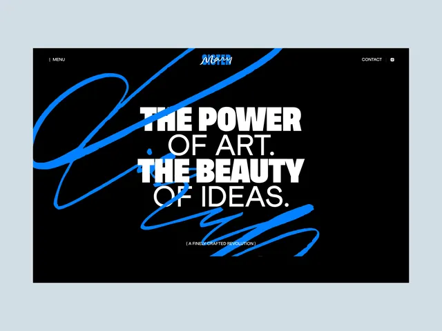 Art gallery hero with sweeping script and bold typography, minimal, abstract, dark