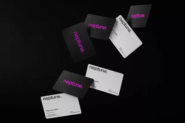 Neptune branding stationery system, minimal, geometric, dark