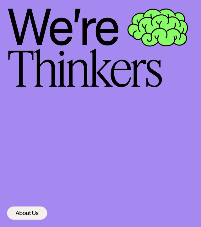 We're Thinkers tagline with lime brain icon on purple, playful, minimal, vibrant