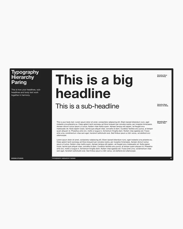 Typography hierarchy guide with annotated pairings, editorial, minimal, dark