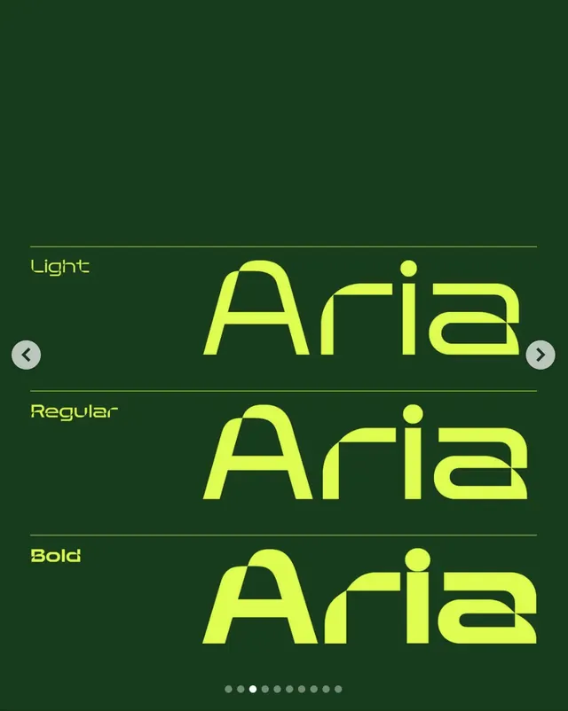 Aria typeface specimen with weight progression, minimal, geometric, dark