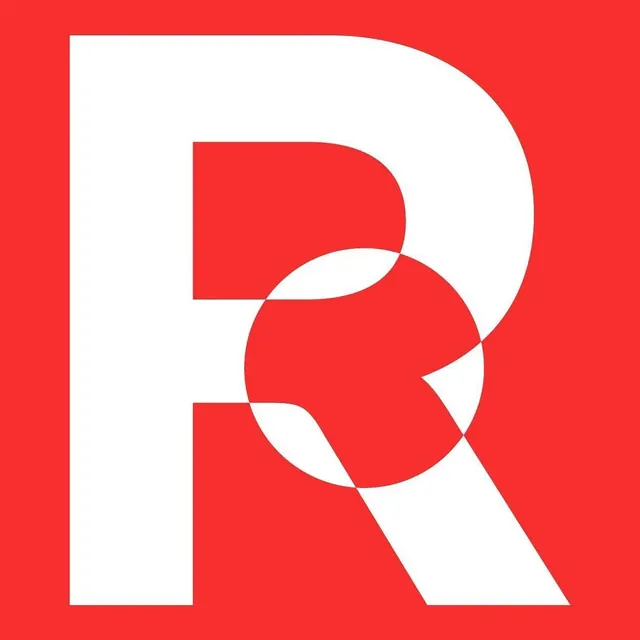 Red square R with circle cutout, swiss, minimal, vibrant