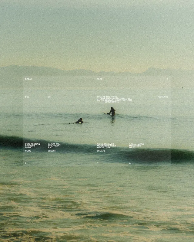 Atmospheric seascape with scattered editorial typography and color-block sections, editorial, photographic, light