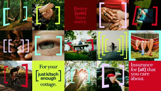 Branded image grid with bold frames, editorial, playful, vibrant