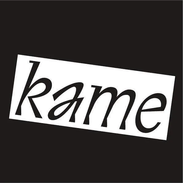 Rame italic display type on tilted white panel, minimal, dark
