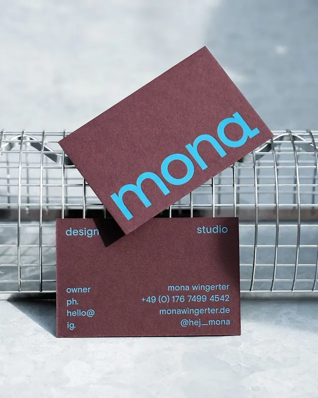 Mona design studio business card, minimal, corporate-clean, dark