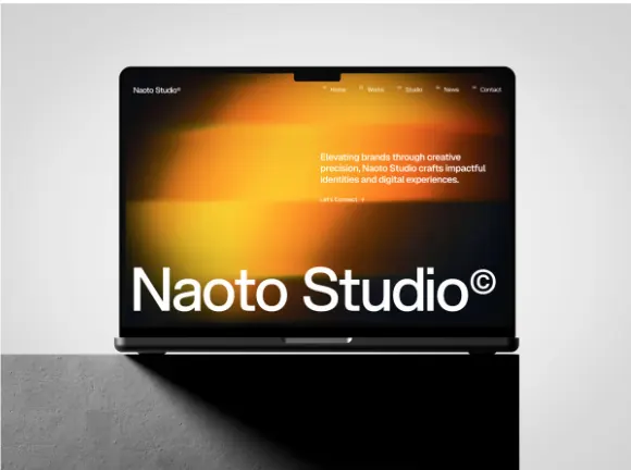 Naoto Studio laptop site hero, minimal, corporate-clean, dark